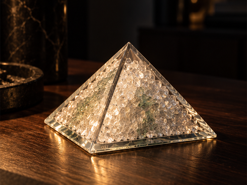 La pyramide ORI-Locus, en quartz naturel et PMMA transparent, posée sur un tronc moussu en forêt.