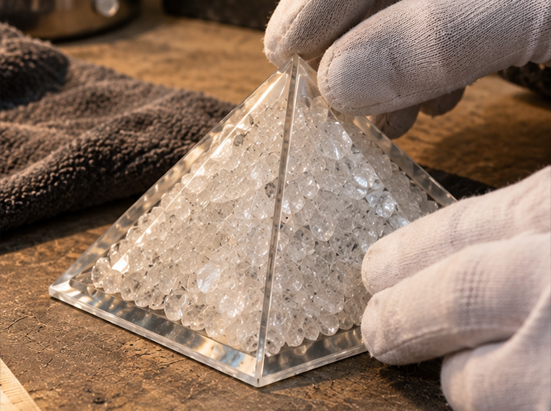 La pyramide ORI-Locus, en quartz naturel et PMMA transparent, posée sur un tronc moussu en forêt.