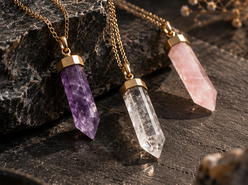 Le pendentif ORI-Manus, fiole scellée en pierre naturelle montée sur chaîne.