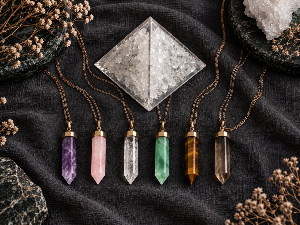 La pyramide ORI-Locus en quartz naturel, entourée des six pendentifs ORI-Manus sur un drapé sombre.